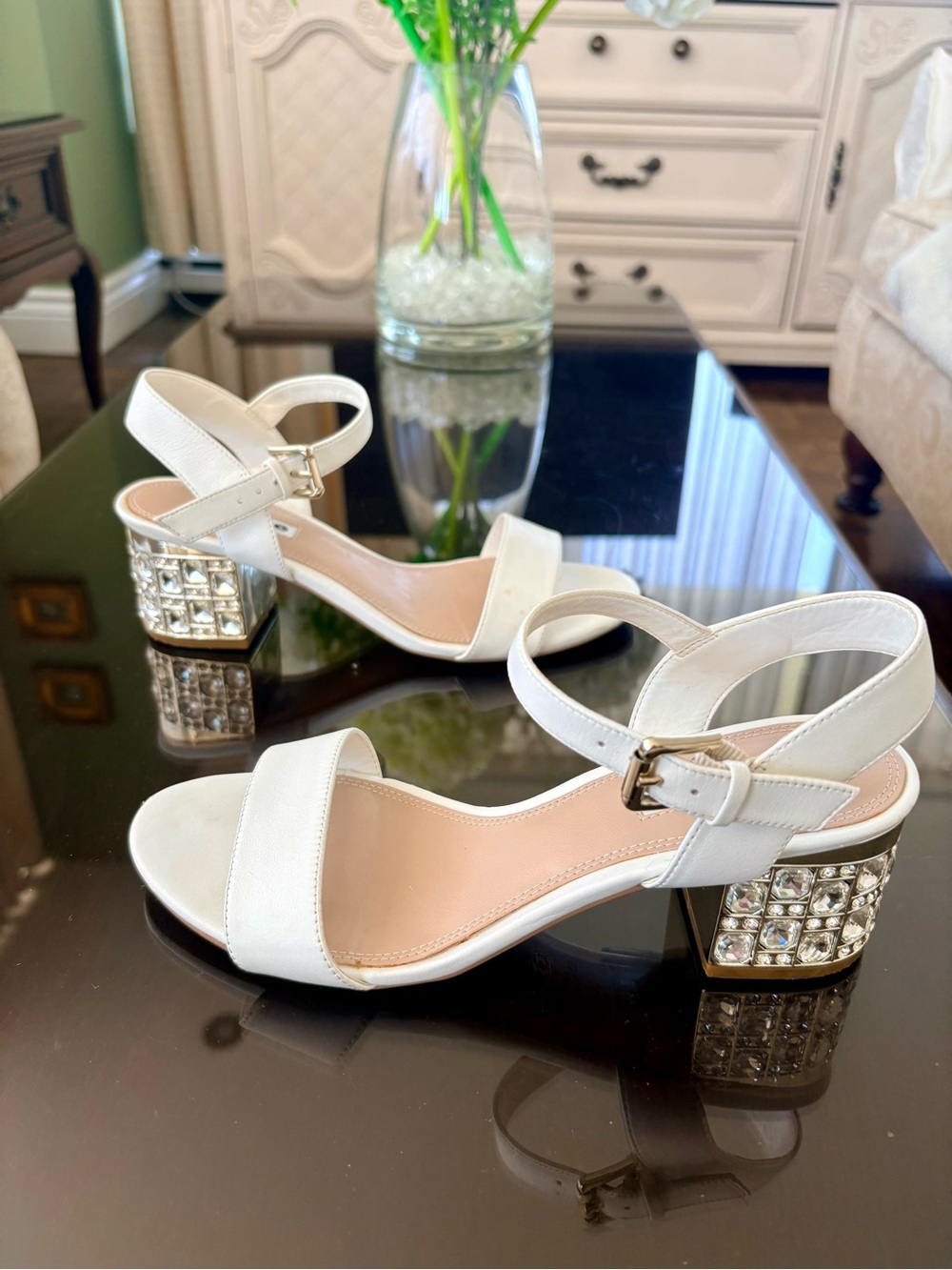 Dune London White Crystal-Embellished Block Heel Sandals